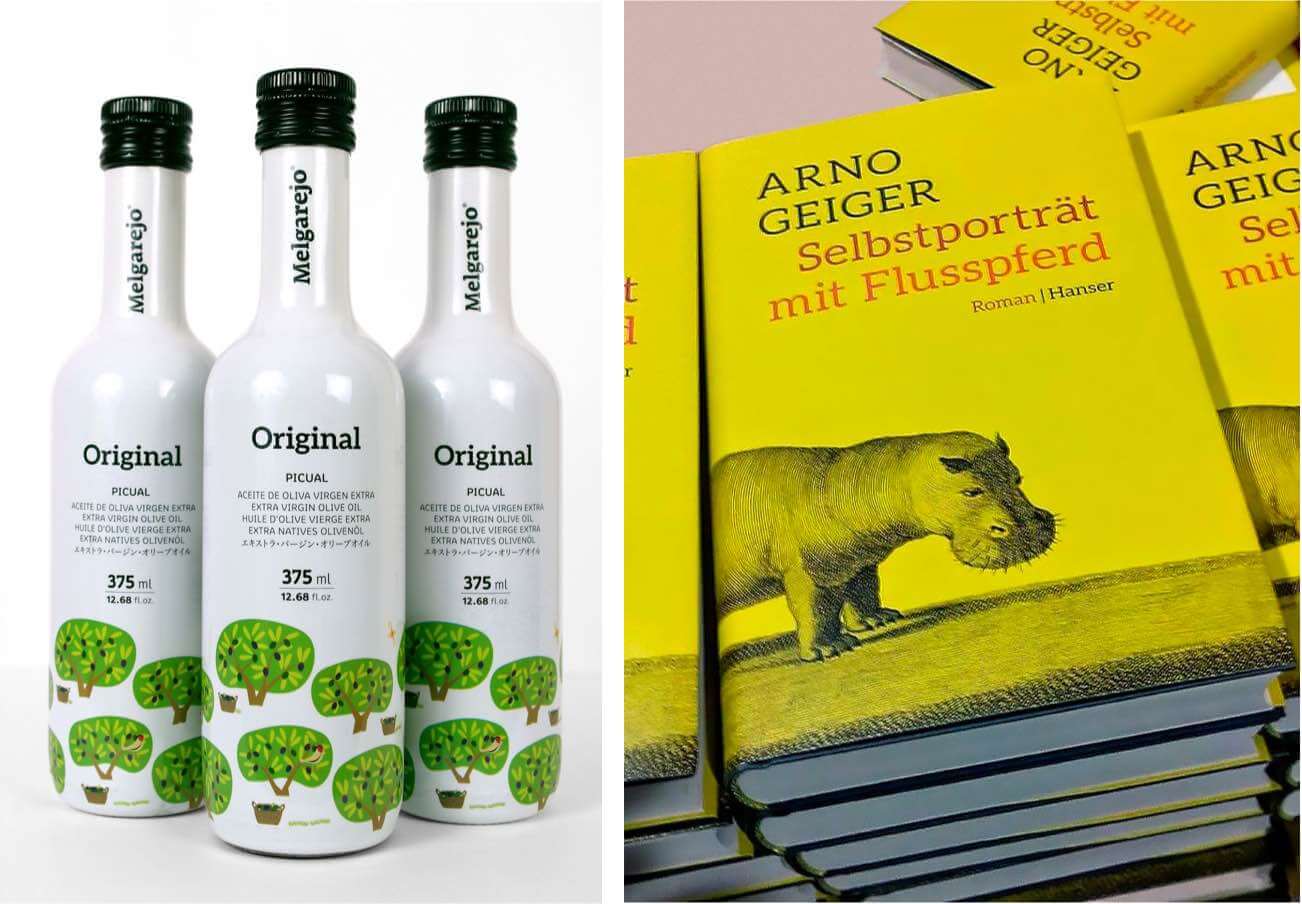 Bottles of Melgarejo oil, and a book by Arno Geiger