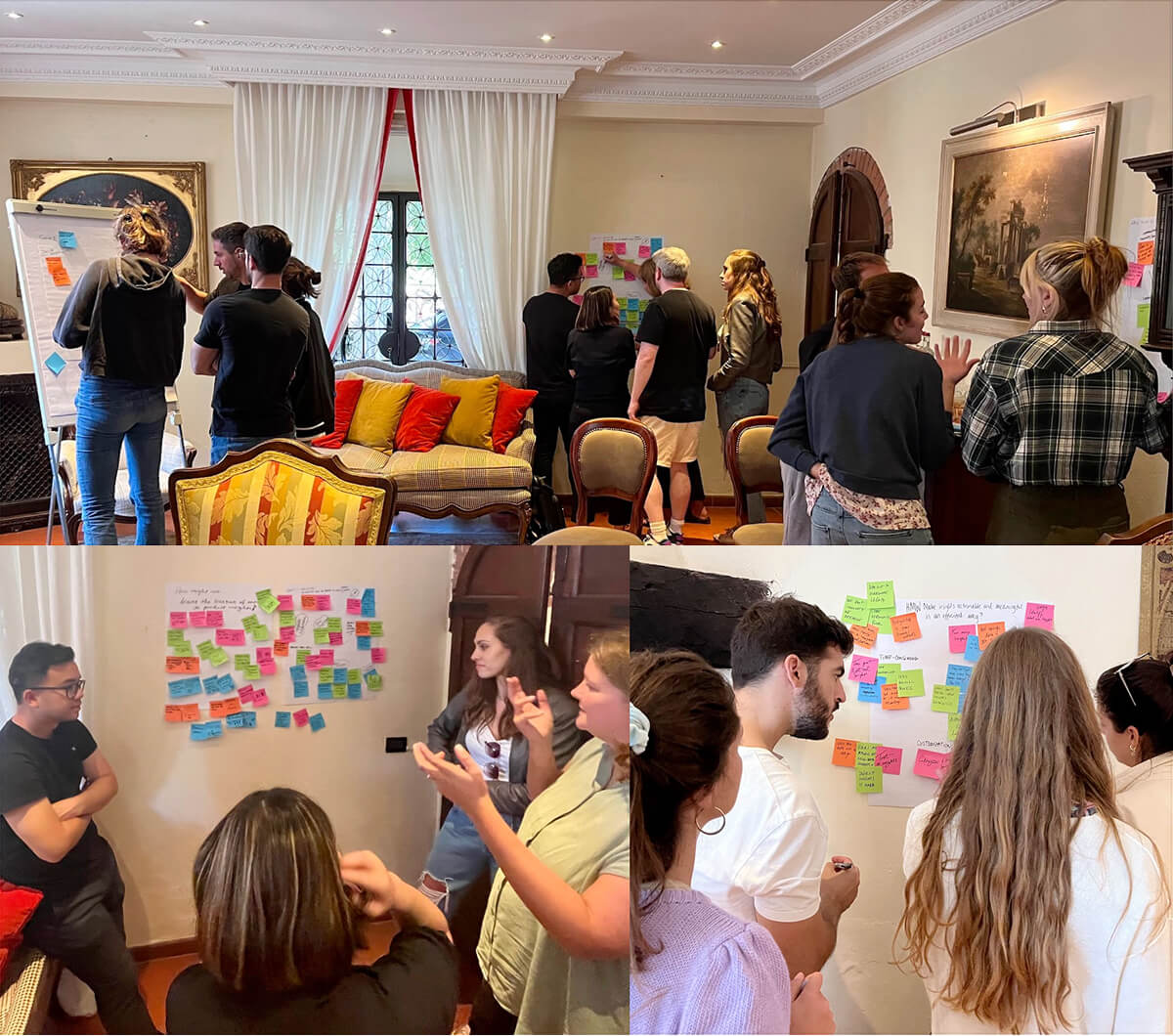 People and sticky notes in a design thinking workshop.