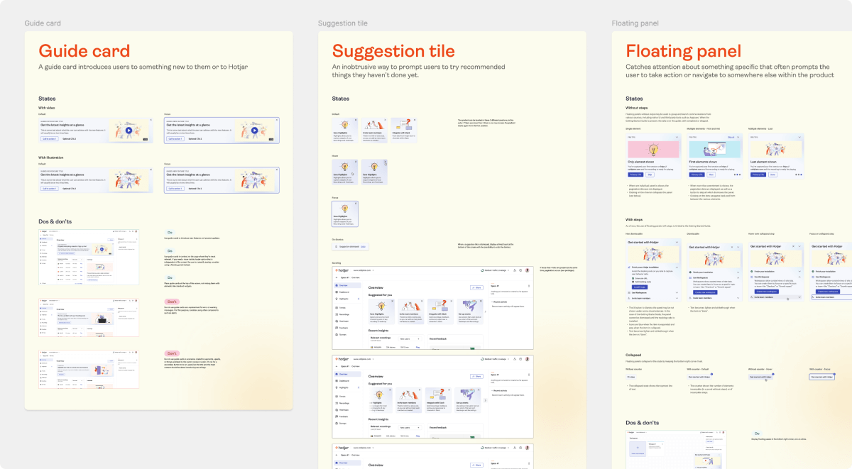 Design specs for guide card, suggestion tile, and floating panel.
