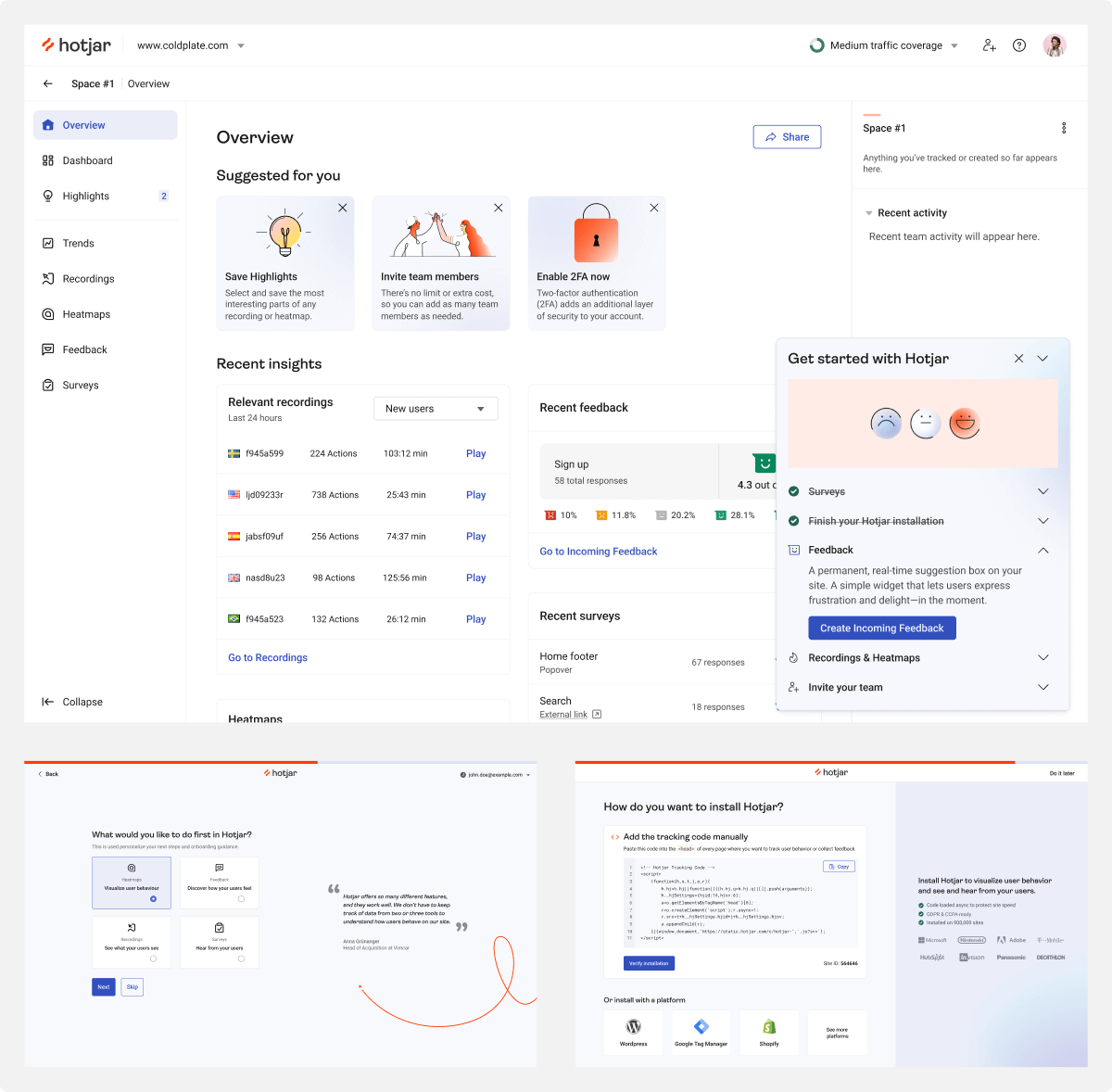 3 redesigned screens: new sign up flow, tracking code installation page and the Overview with the new Getting Started Guide.