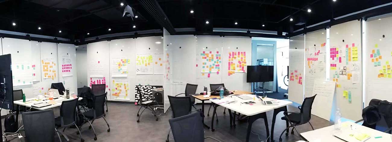 An IBM Studio, with white boards full of post-it notes
