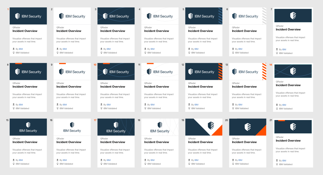 Many drafts for the branding of the cards on the IBM Security App Exchange