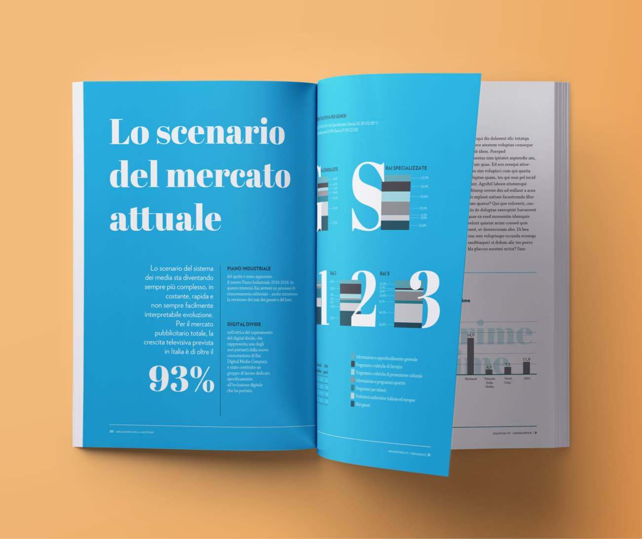 Two pages from the report, with a bright blue background and large infographics