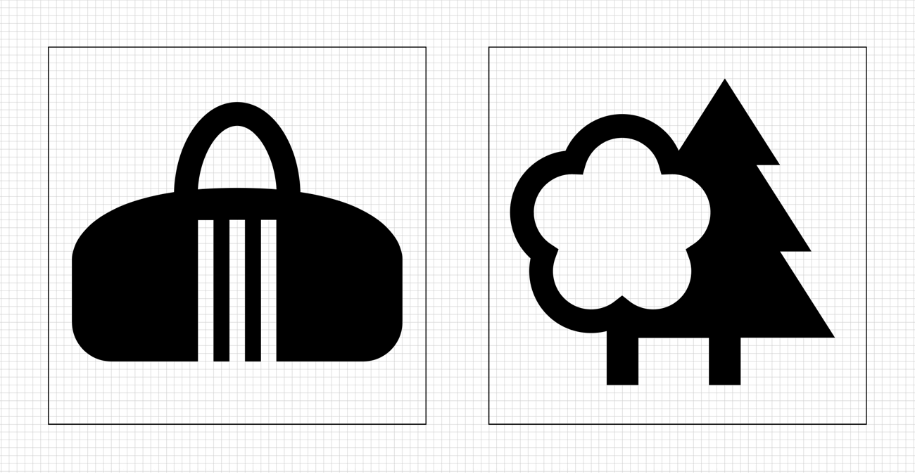Two icons of the new set showing that the design fits the pixel grid perfectly