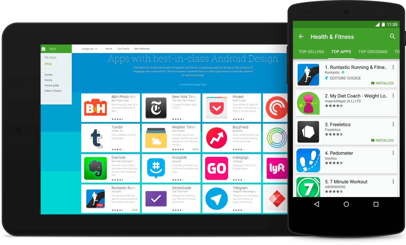 A tablet showing Runtastic among the 'Apps with best-in-class Android design' on Google Play, and a phone showing Runtastic as number 1 app for Health & Fitness on Google Play.