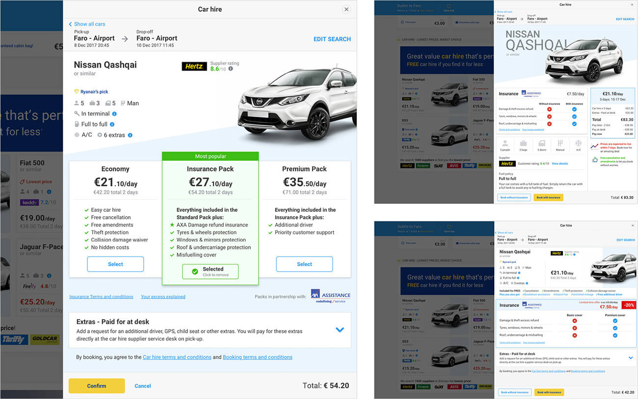 Three variants of the car detail screen in the potential trip flow.