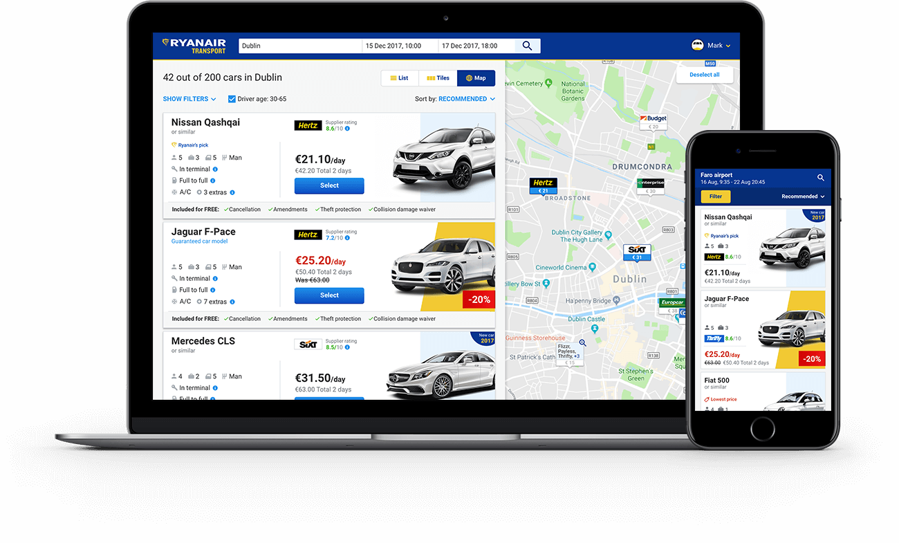 The Ryanair Car Hire UI on laptop and mobile