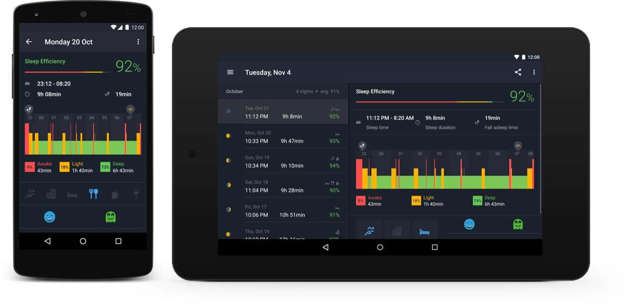 The sleep diary detail on a phone, and the sleep diary on a tablet in landscape, showing both list and detail